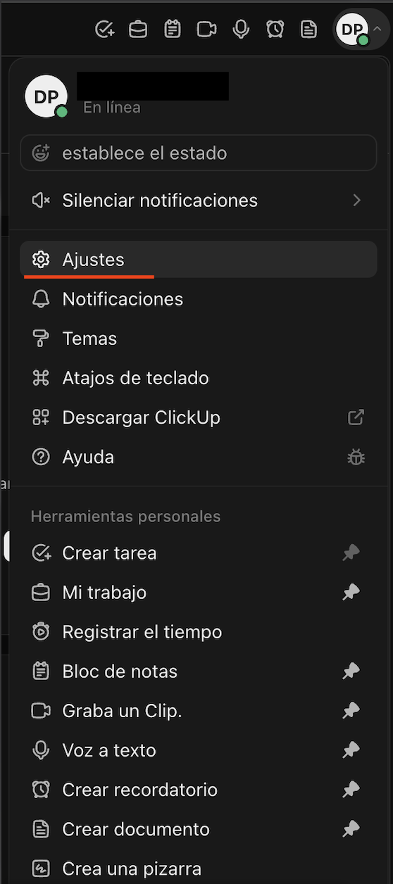 Menú del avatar → Settings