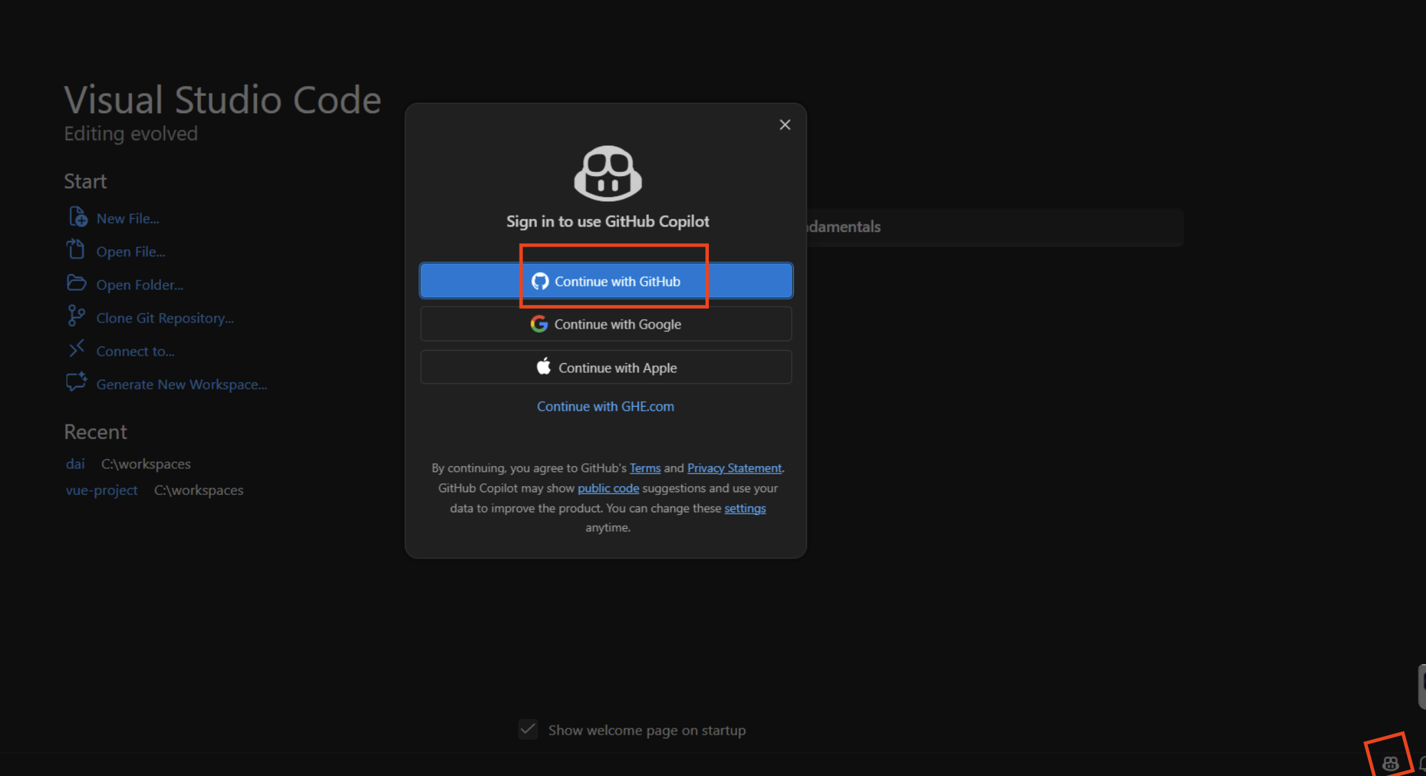 Iniciar sesión en GitHub Copilot