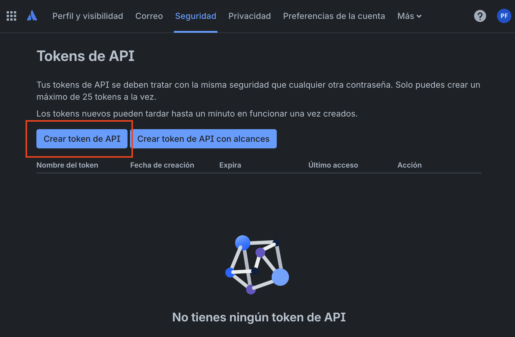 Botón Crear token de API