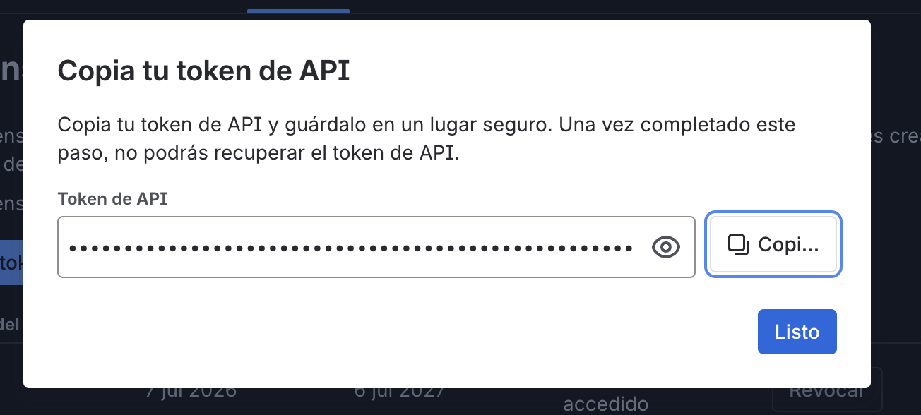 Ventana Copia tu token de API